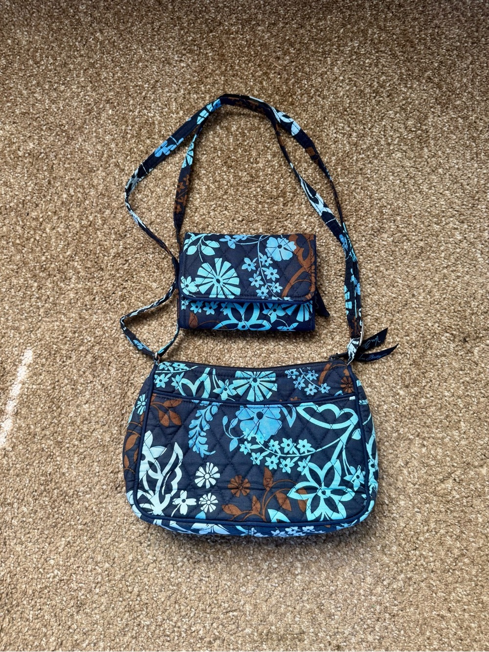 Vera Bradley Blue Floral Quilted Crossbody Bag with Matching Wallet